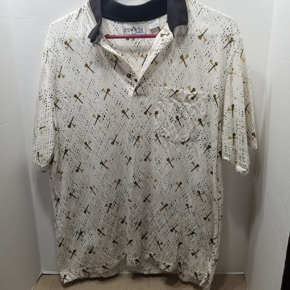 Penguin Sport Men's Polo Shirt Size M Ivory With Golf Tees Print Short Sleeve - Picture 9 of 9